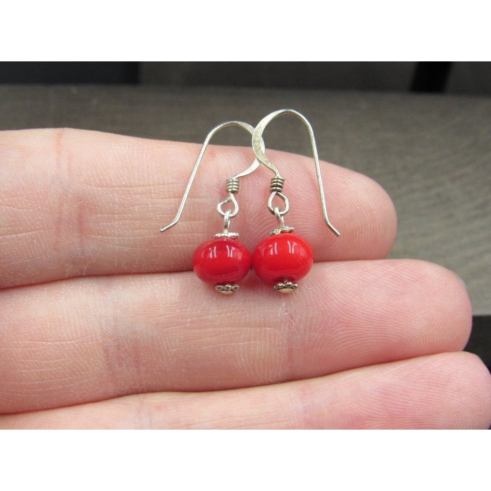Sterling Silver Small Red Glass Ball Plain Earrings Vintage Wedding Engagement
